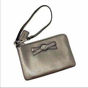 Silver Leather Wristlet with Silver Bow Detail, Two Card Pockets Inside